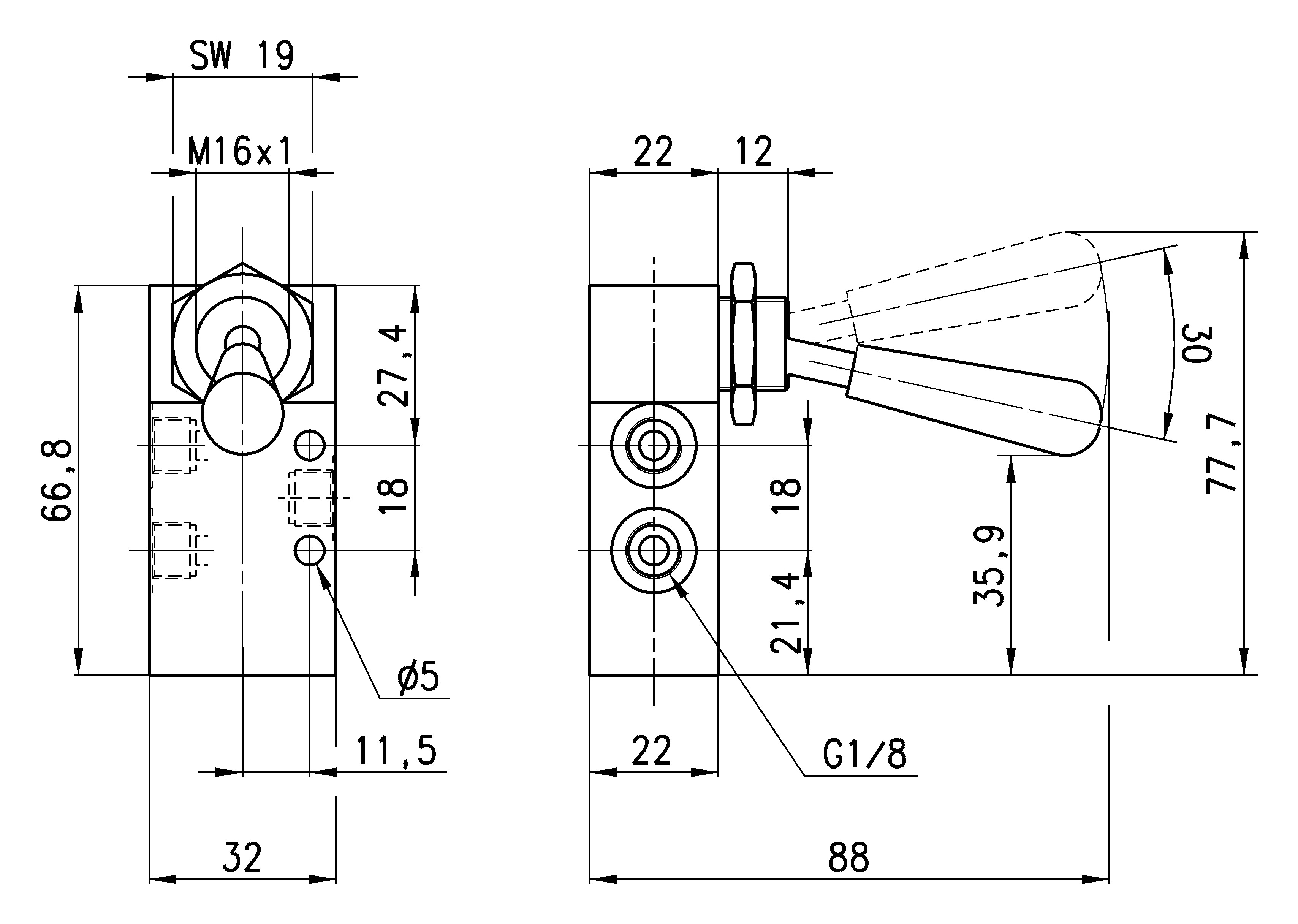 MANUALLY OP. VALVE- LEVER 3/2 BISTABLE 1/8-2