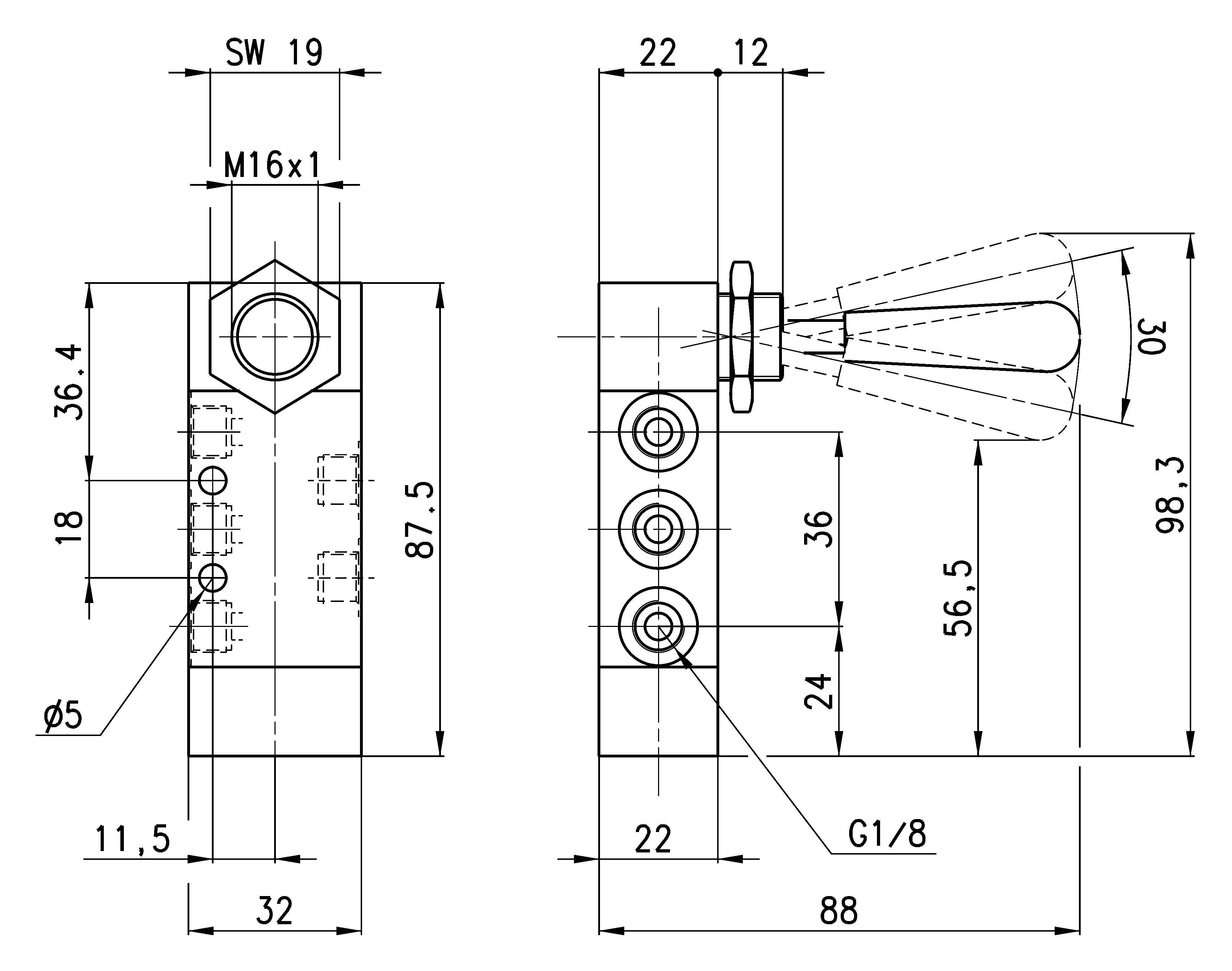 MANUALLY OP. VALVE- LEVER 5/3 TRISTABLE 1/8-2