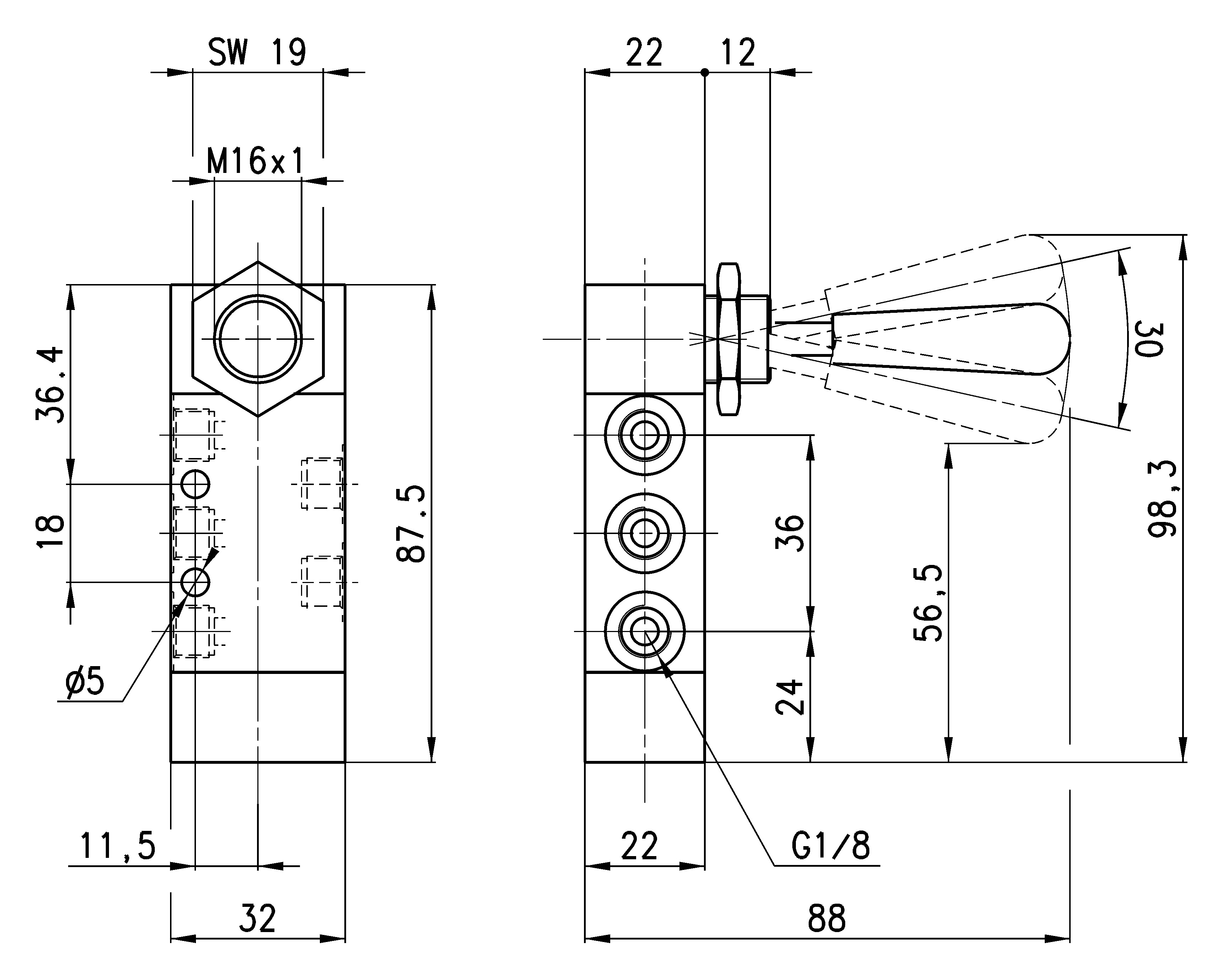 MANUALLY OP. VALVE- LEVER 5/3 MONOSTABLE 1/8-2