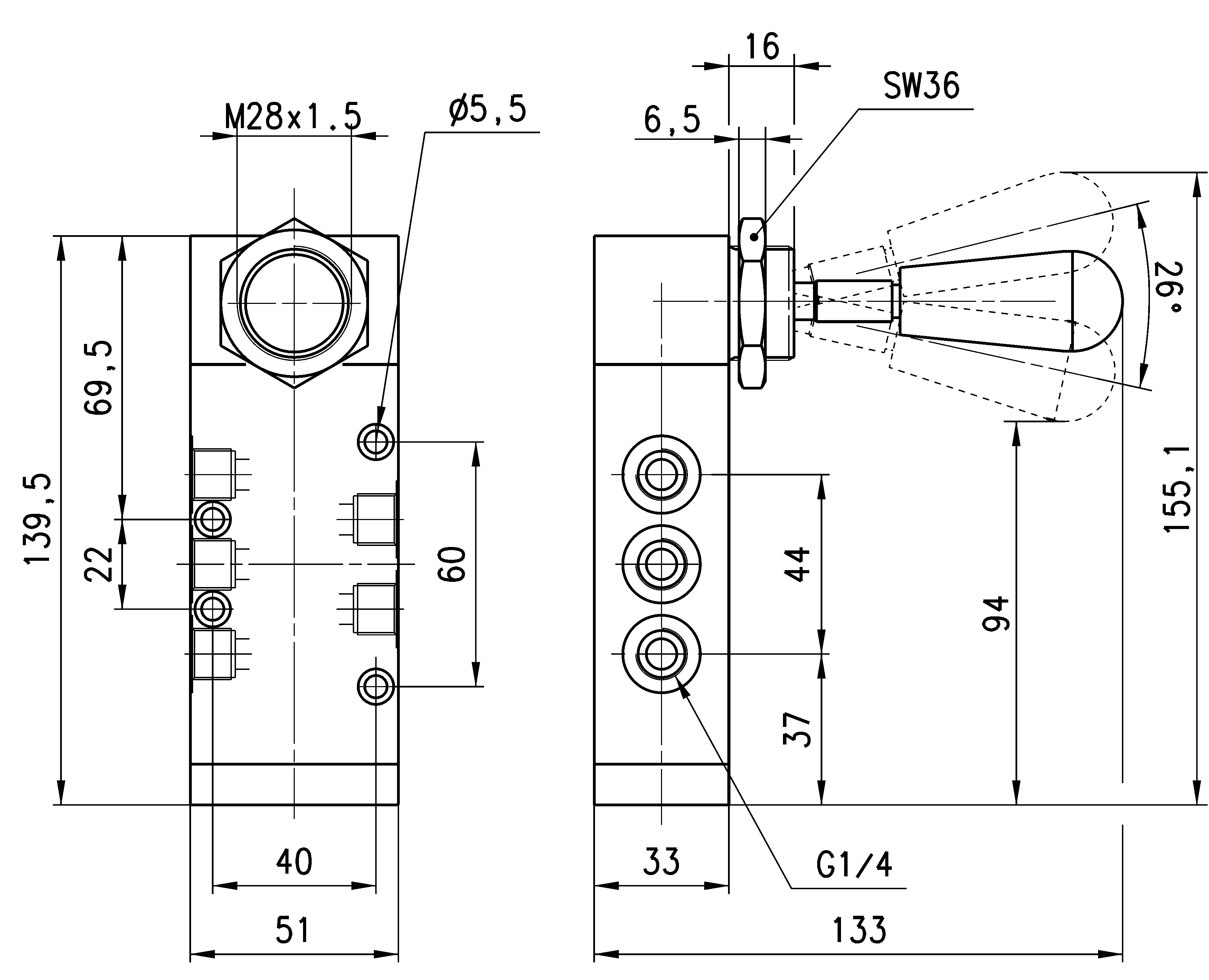 MANUALLY OP. VALVE- LEVER 5/3 TRISTABLE 1/4-2