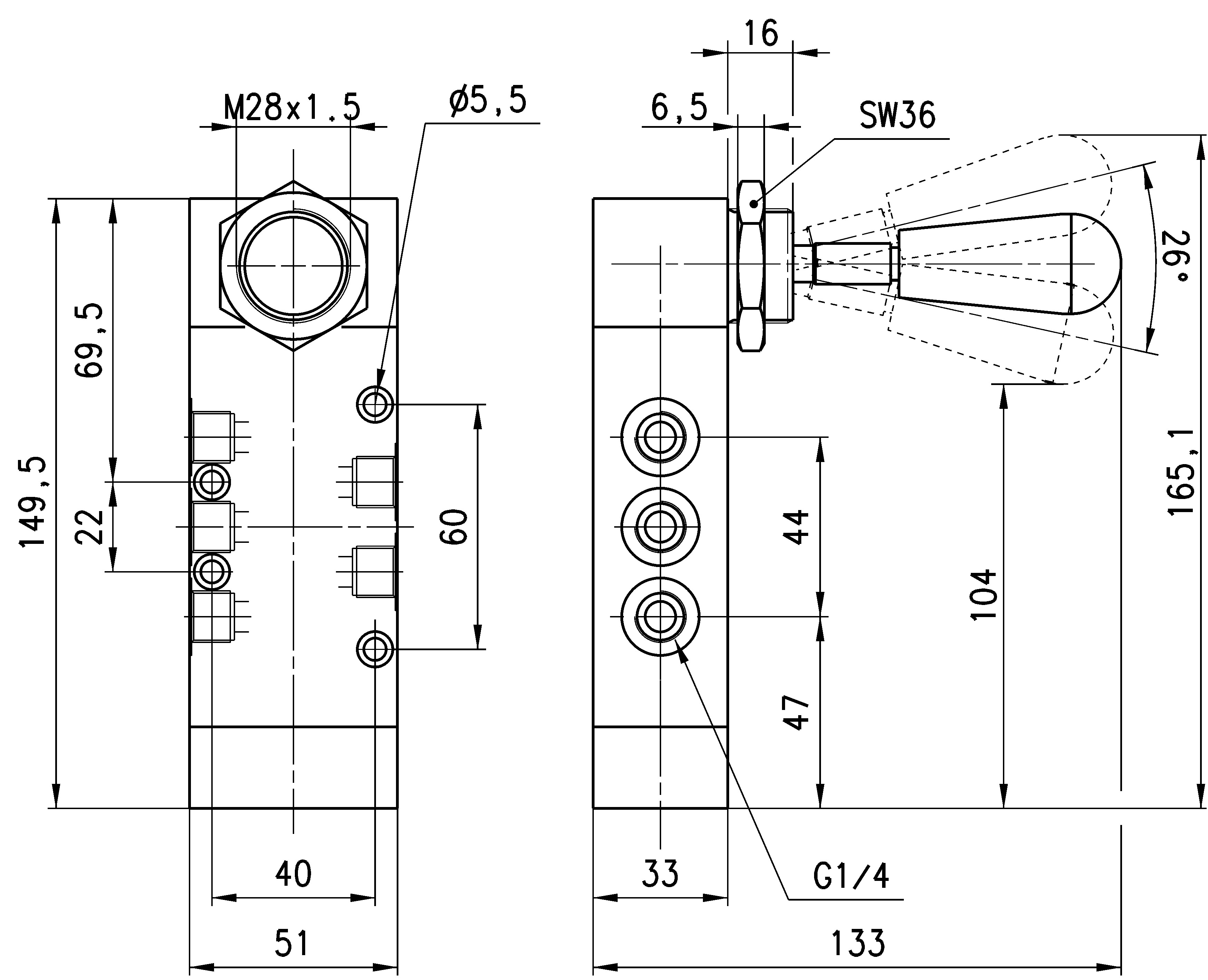 MANUALLY OP. VALVE- LEVER 5/3 MONOSTABLE 1/4-2